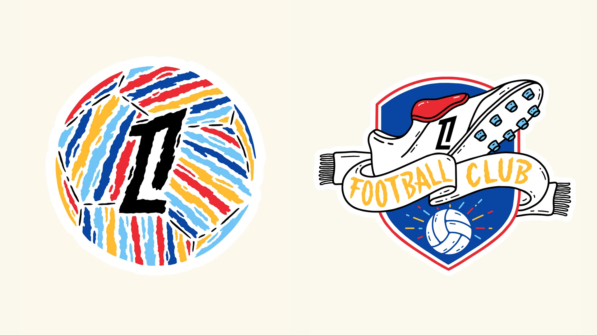 Ballon de la Ligue 1 en traits bleus, rouges et jaunes et blason « Football Club » avec crampon et écharpe – illustration Flowhynot