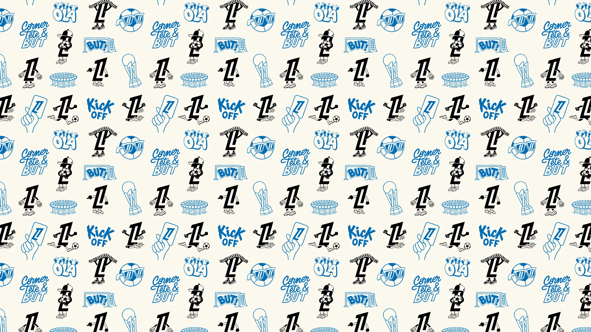 Motif Ligue 1 en bleu et noir : stades, coupes, mascottes L1, lettrages « Kick off » et « But ! » – illustration Flowhynot