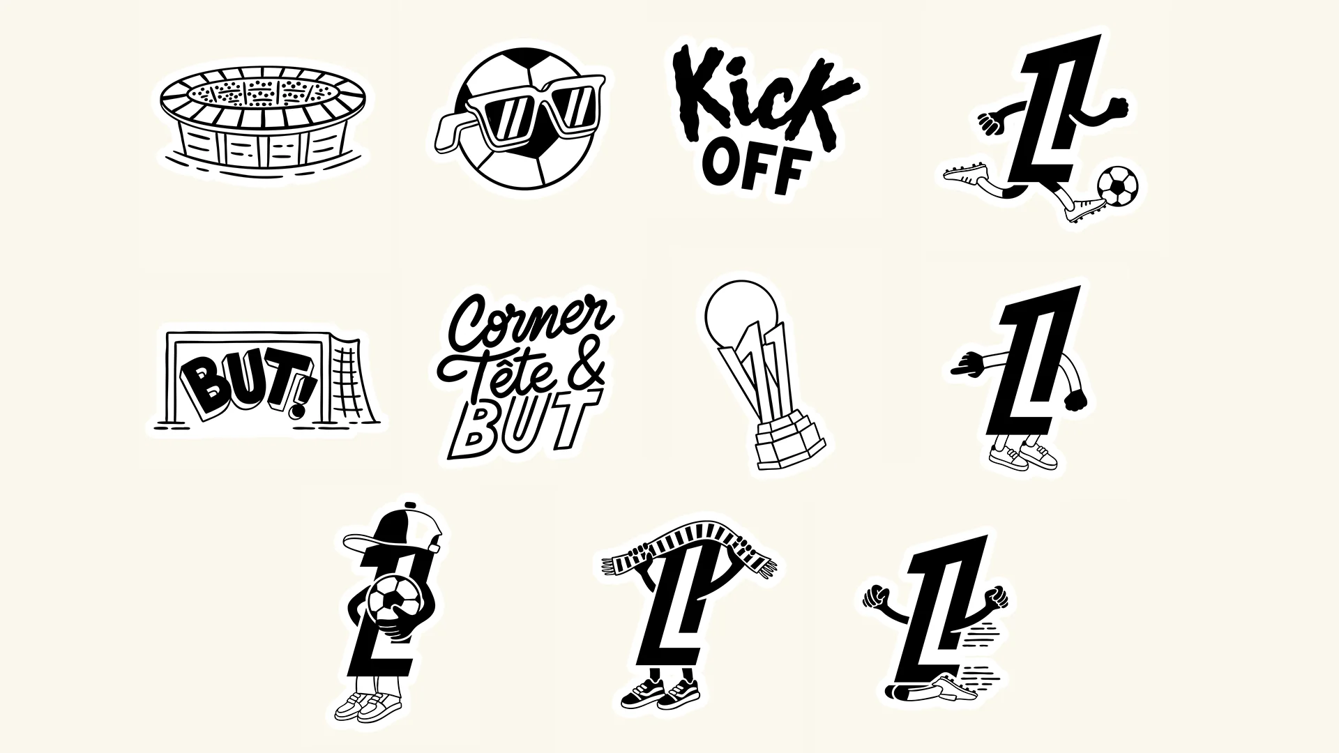 Planche d'icônes Ligue 1 en noir : stade, ballon à lunettes, « Kick off », « Corner, tête & but », coupe et mascottes L1 – illustration Flowhynot