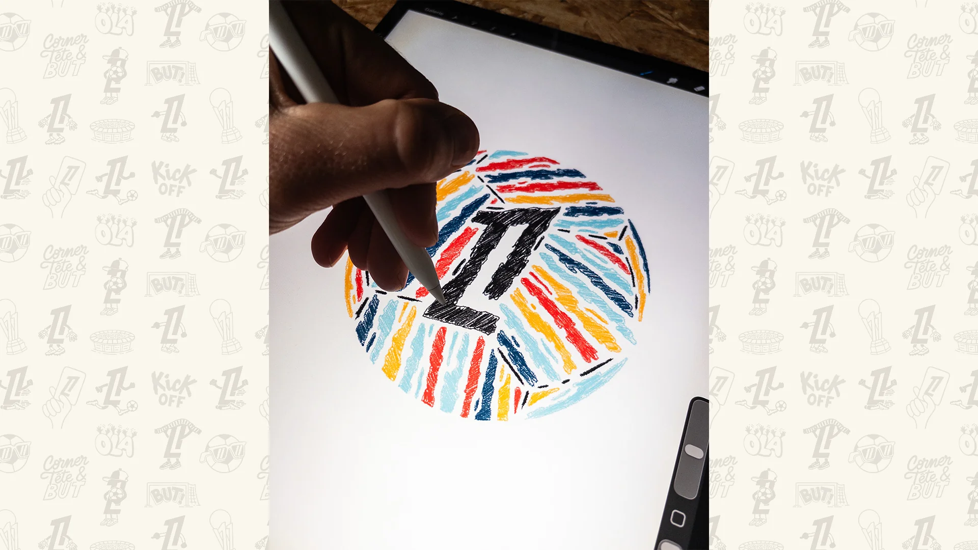 Ballon de la Ligue 1 dessiné au stylet sur tablette graphique, sur fond de motif football – illustration Flowhynot